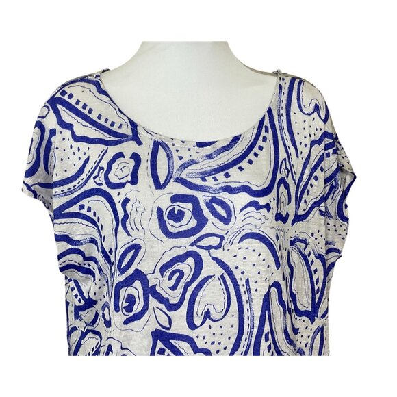 C & C California 100% Linen Cap Sleeve Blue White Floral Curved Hem Tee Small - Picture 2 of 6